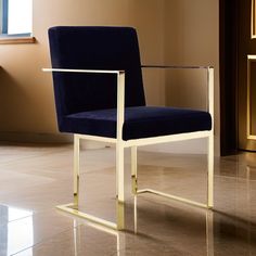 a blue chair sitting on top of a tiled floor