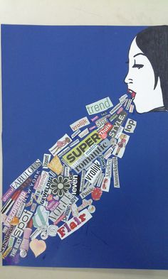 a woman's face is surrounded by various stickers on a blue background,