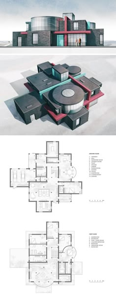 an architectural drawing shows the floor plan for a house with multiple floors and two levels