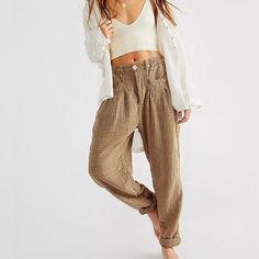 Free People X Cp Shades Lourdes Trouser Pants In Satsuma Gingham A Staple Style, These Trousers Are Featured In A Slouchy, Tapered-Leg Silhouette With Front Pleat Detailing And Railroad Stripe Pattern For Added Dimension. Supremely Slouchy With A Tapered Leg, And Front Pleat Detailing. Dropped Side Pockets, Contrast Rolled Hem And An Elasticized Waistband. Zip-Fly And Button Closure Dropped Side Pockets Contrast Rolled Hem Design Elastic Waistband For Effortless Ease 100% Cotton - Lightweight An Gingham Cotton Pants, Spring Plaid Pants With Pockets, Chic Gingham Cotton Bottoms, Casual High Waist Gingham Pants, Spring Plaid High-waisted Pants, Gingham Cotton Pants For Fall, Cotton Gingham Pants For Fall, Fall Gingham Cotton Pants, Fall Gingham Trousers