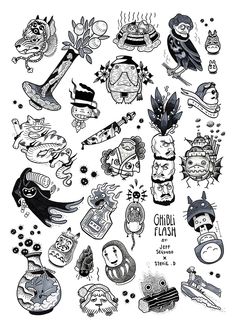 a bunch of tattoos that are drawn in black and white on a piece of paper