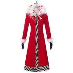 a women's red coat with white fur collar and black and white striped skirt