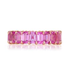 7.75ct Emerald Cut Pink Sapphire Eternity Band in 18k Rose Gold Emerald Cut Eternity Band, Sapphire Eternity Band, Mark Broumand, Eternity Band, Eternity Bands, Pink Sapphire, Emerald Cut, 18k Rose Gold, Precious Metals