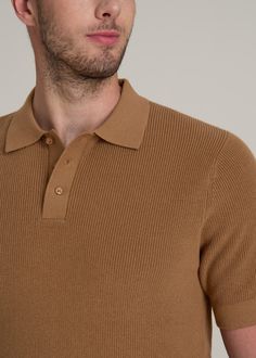 Purl Knit Polo for the Tall Man with Style Refined Relaxation Elevate your casual look with our Purl Knit Tall Men's Polo Shirt. This isn't just an extra-long polo shirt—it's a statement of sophistication made with the taller guy in mind. The modern fit and longer-than-hip length ensure a sleek silhouette without sacrificing comfort. Whether it’s for a smart-casual meeting or a weekend getaway, this men's tall polo shirt, with its ribbed hem and cuffs, ensures you stand out in the best way possi Casual Brown Collared Sweater, Casual Brown Cotton Polo Sweater, Casual Brown Polo Sweater, Casual Brown Ribbed Sweater, Casual Ribbed Brown Sweater, Casual Brown Knit Polo Sweater, Casual Brown Tops With Ribbed Collar, Casual Brown Top With Ribbed Collar, Casual Knitted Polo Sweater