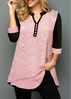 #pink #lace #black #valentines #paisley #stylishblouse #modern #stitching #split #splitneck #button #stylish #tunic #blouse Modern Stitching, Black Valentines, Lace Panel Top, Stylish Tunic, Leopard Black, Blouse Style, Trendy Fashion Tops, Stylish Blouse, Lace Patchwork