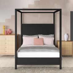 Churchill four poster bed frame in black Poster Bed Frame, Four Poster Bed Frame, Painted Beds, Painted Walls, Pink Bedrooms