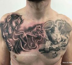 Crazy Chest Tattoo Men, Good Angel Bad Angel, Good And Evil Tattoos, Bad Angel, 16 Tattoo, Tattoo Neck, Evil Tattoo, Evil Tattoos