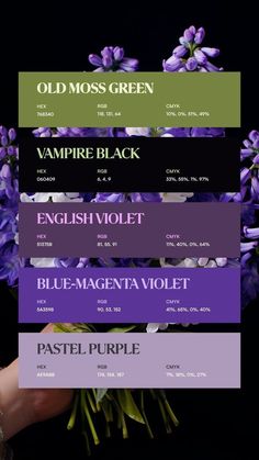 purple flowers are in front of a black background with the words, old moss green vampire black