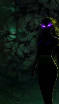 a woman with long hair and glowing purple eyes is standing in front of a tree