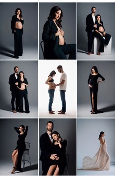 a series of photos showing people in black outfits and one woman wearing a white dress