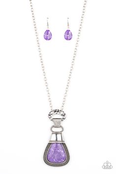 An oversized purple stone is encased in a silver frame made up of layers of rope-like texture and topped with an antiqued silver adornment stamped in rustic patterns. The vivacious pendant swings from a hammered silver ring and clasp at the bottom of a lengthened silver chain, resulting in a captivating finish. Features an adjustable clasp closure.

 Sold as one individual necklace. Includes one pair of matching earrings. Purple Stone Necklace, Hammered Silver Ring, Bling Necklace, Purple Necklace, Paparazzi Accessories, Purple Stones, Paparazzi Jewelry, Hammered Silver, Short Necklace