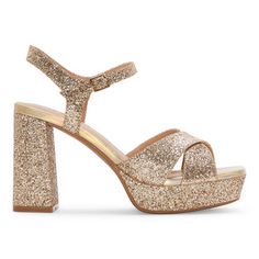 These Pop women's Cultured heeled sandals are a glam showstopping style for a special event. Featuring a gold-tone glitter base and strappy open-toe design, this pair has a high platform heel and an ankle strap closure. Wear them with a mini dress or skinny jeans and a satin cami.Features: GlitterClosure Type: BucklePlatform Shoe Height: 1 InchShoe Heel Height: 2 InchesUpper/Outer Base Material: 100% PolyesterShoe Lining Material: PolyurethaneSole Material Content: 60% Polyester, 40% Polyurethan Gold Heels With 4-inch Heel For Event, Gold Heels With 4-inch Open Heel, Gold Sandals With 4-inch Heel And Medium Width, High Heel Party Sandals With Gold-tone Hardware, Gold Synthetic Wedge Sandals With 4-inch Heel, Toe Designs, Platform Heels, Open Toe, Ankle Strap