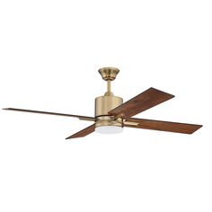 a ceiling fan with two wooden blades and a light fixture on the top of it