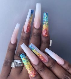 Pride Glitter Nails, Rainbow Nails With Rhinestones, Pastel Rainbow Glitter Nails, Pride Nails Stiletto, Rainbow Stiletto Nails, Toenail Designs, Rainbow Glitter, Toe Nail Designs, Glitter Makeup