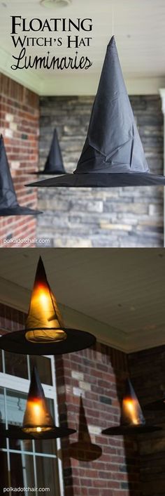 several different types of lights hanging from the ceiling in front of a brick building with text reading floating witch's hat luminaress