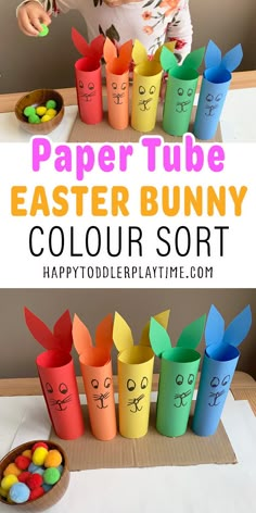 an easy paper tube easter bunny color sort for toddlers to play with and make