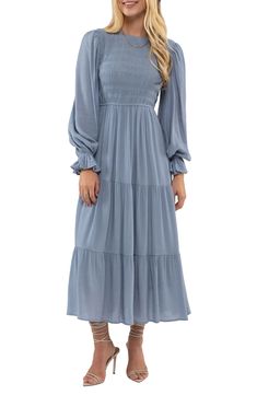 A long-sleeve midi dress offers charming style for any occasion with a smocked bodice, ruffled cuffs and flowy tiered silhouette. 50 1/2" length Back keyhole with button-and-loop closure Crewneck Long sleeves Lined 80% rayon, 20% nylon Hand wash, dry flat Imported Model stats: 5'10" height, 32" bust, 25" waist, 36" hip. Model is wearing size Small. Asian Owned/Founded Spring Flowy Midi Dress With Lantern Sleeves, Solid Color Lantern Sleeve Midi Dress For Fall, Casual Lantern Sleeve Midi Dress For Spring, Solid Lantern Sleeve Midi Dress For Fall, Solid Color Midi Dress With Lantern Sleeves For Fall, Spring Casual Midi Dress With Lantern Sleeves, Casual Midi Dress With Lantern Sleeves For Spring, Spring Ruched Midi Dress With Lantern Sleeves, Spring Midi Dress With Ruched Lantern Sleeves