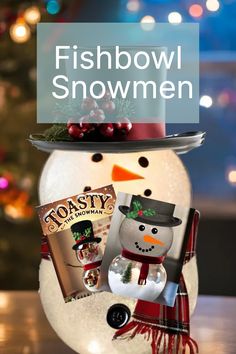 a snowman with a hat and scarf is shown in front of a christmas tree