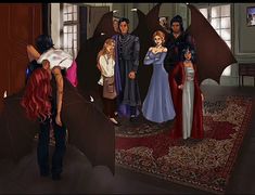 a group of people standing around each other in front of a giant black bat on a rug