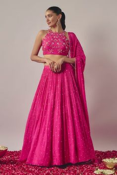 Buy Pink Pure Chinon Lining Butter Bloom Embellished Gathered Flare Lehenga Set For Women by wildflower by krishna Online at Aza Fashions. Dark Green Lehenga, Bloom Embroidery, Cape Lehenga, Purple Lehenga, Floral Lehenga