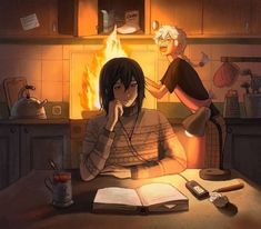 two people sitting at a table with an open book in front of them and a fire burning behind them