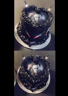 two pictures of the same person on top of a cake