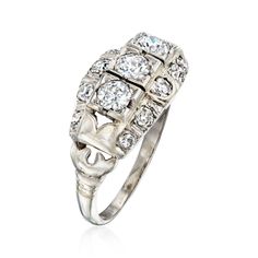 Ross-Simons - C. 1950 Vintage 1.05ct t. w. Diamond Filigree Ring in 18kt White Gold. Size 6.5. C. 1950. From our Estate collection, this stellar Retro-era ring offers a treasured look of yesteryear that endures, as sparkling 1.05 ct. t. w. round diamonds decorate a dimensional 18kt white gold setting with filigree details. 7/16" wide. Diamond filigree ring. Exclusive, one-of-a-kind Estate Jewelry. Diamond birthstones are the perfect gift for April birthdays. Retro Era, April Birthday, 1950 Vintage, Diamond Birthstone, White Gold Set, Jewelry Diamond, Filigree Ring, Vintage Diamond, Estate Jewelry