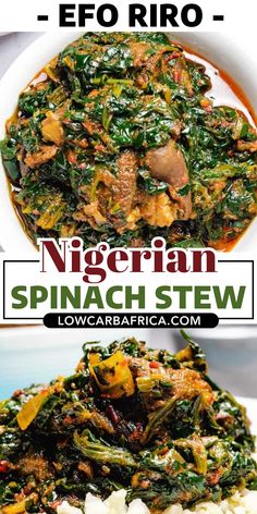 two plates filled with different types of food on top of each other and the words vegetarian spinach stew above them