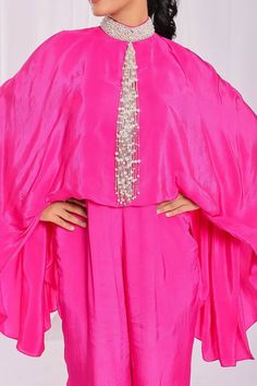 Hot pink padded cape jumpsuit with pearl tassel embroidery. - Aza Fashions Pink Tassel Party Set, Pink Party Sets With Tassels, Mithila Palkar, Tassel Embroidery, Cape Jumpsuit, Cape Fashion, Jumpsuit For Women, Pink Jumpsuit, Luxury Sale