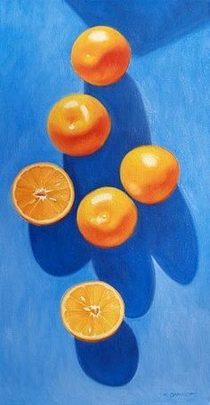 an oil painting of oranges on a blue background