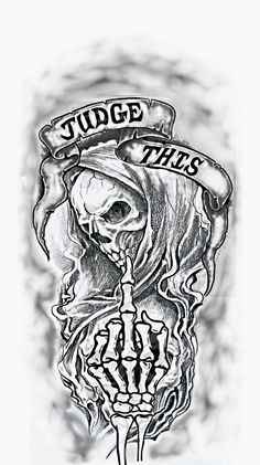 a black and white drawing of a skull with a banner over it's head