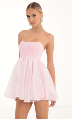 Light Pink Dress Short, Short Puffy Dresses, Pink Hoco Dress, Light Pink Mini Dress, Pink Babydoll Dress, Sweet 16 Outfits, Poofy Dress, Pink Dress Short, Puffy Dresses