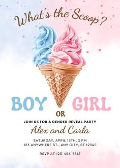 a pink and blue ice cream party card with the words boy or girl on it