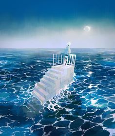 a painting of a man standing on top of a stair case in the middle of an ocean