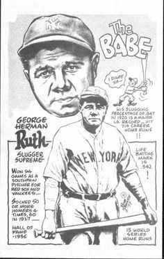 a drawing of a baseball player holding a bat in front of a poster with the words babe ruth on it