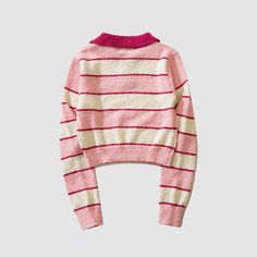 Features: Regular fit Turndown collar Knitted construction Striped pattern design Ribbed sleeve cuffs and bottom hem Material: polyester Stripes Pattern Design, Costume Bags, Cropped Pullover, Turndown Collar, Crop Top Sweater, Striped Crop Top, Bra Set, Pink Sweater, Blue Sweaters