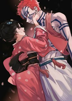 two anime characters kissing each other in front of a black background with snow flakes