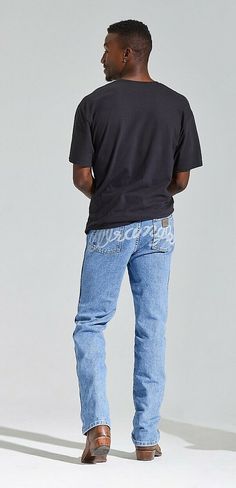 *** Wrangler X Lil Nas X Men’s Original Fit Cowboy Boot Jeans *** *** Limited “Wrangler On My Booty” Edition *** BRAND NEW with Tags! Size Men’s 34x32 (Front Rise: 12 inches; Leg Opening: 17 inches). Color: Vintage Medium Wash. Inspired by Lil Nas X’s iconic hit “Old Town Road”, this Limited Edition collection from Wrangler is made for the modern cowboy. Lil Nas X turned his 'Wrangler' lyric into a full Wrangler Collection. Classic features of these jeans like the Wrangler “W” stitch embroidered Modern Cowboy Style Men, Cowboy Streetwear, Urban Cowboy Style, California Cowboy, Cowboy Boots Men, Cowboy Boot Outfits, Old Town Road, Boot Fits, Modern Cowboy