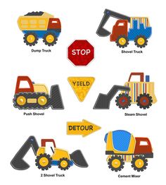 construction applique stickers are shown in different colors and sizes, including trucks