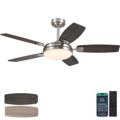 a ceiling fan with remote control and two lights on each side, including one light