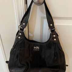 Beautiful Leather, Satin Purple Inside, Great Condition Big Shoulder Bag, Black Coach Purse, Big Shoulders, Bags Black, Coach Purse, Black Tote, Black Purses, Coach Purses, Cute Black