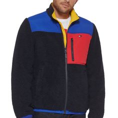 Mens Tommy Hilfiger Colorblock Sherpa Jacket 2 Lower Side Zip Welt Pockets; Vertical Zipper Pocket At Left Chest; Interior Zip Pocket; Zip Through Stand Collar; Full Zip Front Closure; Regular Fit Never Worn Color: Navy Blue/Red/Blue With Yellow Lining Multicolor Winter Outerwear With Contrast Colors, Sporty Multicolor Fleece Outerwear, Multicolor Contrast Winter Outerwear, Multicolor Outerwear For Winter, Multicolor Winter Outerwear, Multicolor Outdoor Outerwear With Contrast Colors, Multicolor Contrast Outdoor Outerwear, Color Block Fleece Outerwear For Fall, Fall Fleece Color Block Outerwear