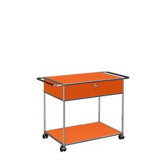 an orange cart with wheels and two drawers on each side, in front of a white background