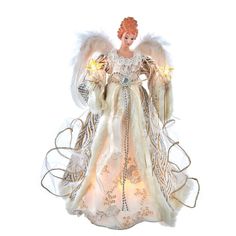 an angel figurine with white wings and gold trimmings on it's body