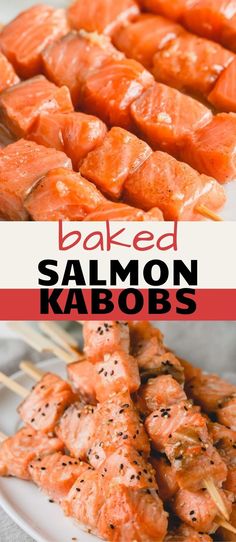 salmon kabobs are served on skewers with sesame seeds