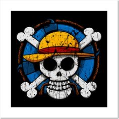 a skull wearing a hat with two crossed bones in front of a blue and yellow circle