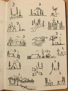 an open notebook with doodles on it showing camping related items and trees in the background