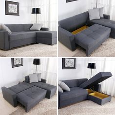 four different pictures of a couch that is open and has pillows on the bottom one