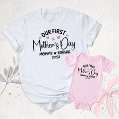 "First Mothers Day Gift, Matching Mom and Baby Shirt, Our First Mothers Day Shirt, Personalized Mommy and Me Shirt, Mother and Daughter Shirt Hello, Thanks for your support. Your gladness comes first and all work is done with Love in here. Always keep your support, please:) First Mothers Day Shirts are branded Bella+Canvas.  First Mothers Day Shirt  Contents: - Solid colors: %100 Cotton.  - Heather colors: %52 Cotton + %48 Polyester* This ultra-soft graphic tee is made from a comfortable cotton-poly blend that is breathable, non-shrinking, and lasts longer than your average graphic shirt. HOW TO ORDER YOUR FIRST MOTHERS DAY SHIRT  -Please, Check and Review all  First Mothers Day Shirt Photos. -Select Your First Mothers Day Shirt T-Shirt Size and First Mothers Day Shirt T-Shirt Color from d Mother’s Day Shirt Idea, Mothers Day Tshirt Ideas, Mother’s Day Shirts, First Mothers Day Gifts, Mother Shirts, Daughters Shirt, Matching Mom, Mommy And Me Shirt, First Mothers Day