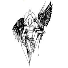 an ink drawing of a man with wings on his back